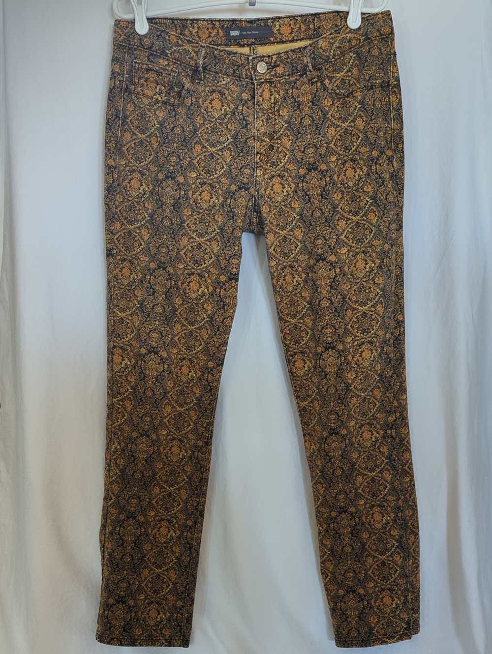 Levi’s Mid Rise Skinny Jeans Black Gold Paisley Brocade Floral Print Collector